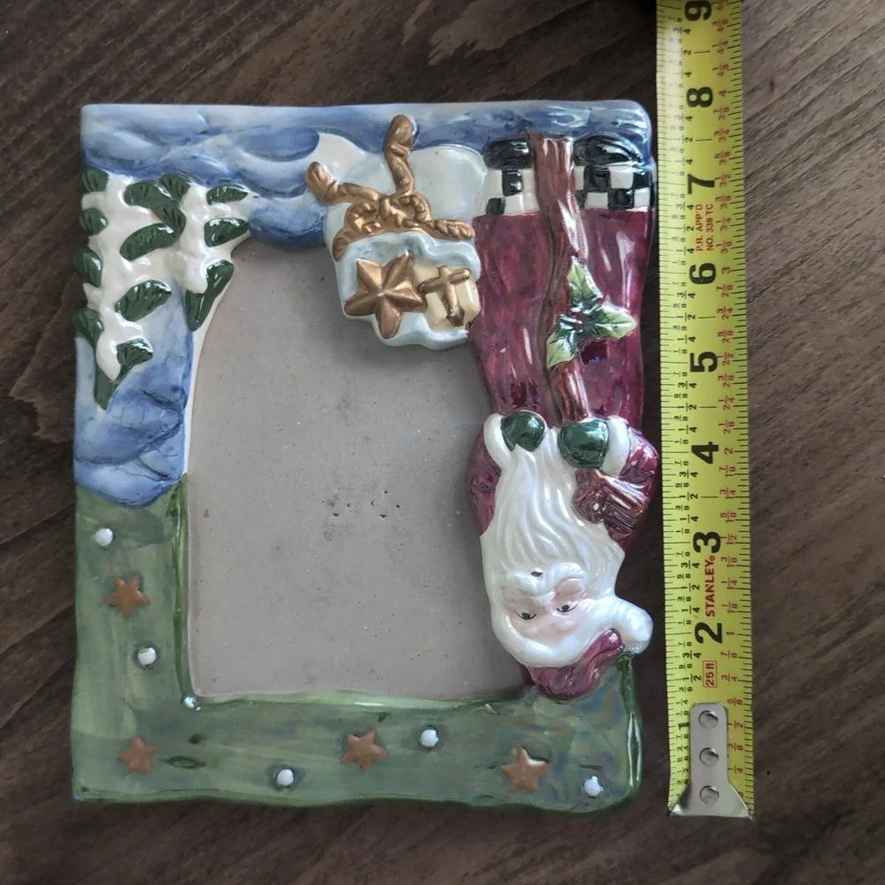Vintage Hand Painted Ceramic Santa Picture Frame Christmas Glossy Holiday Decor